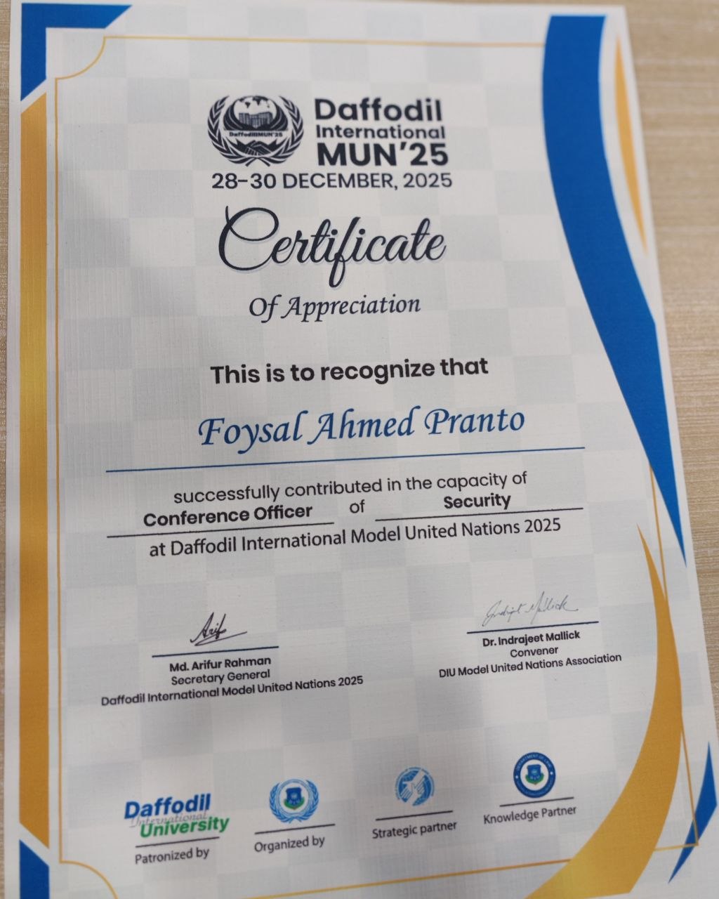 Certificate of Appreciation — Conference Officer, DaffodilMUN'25