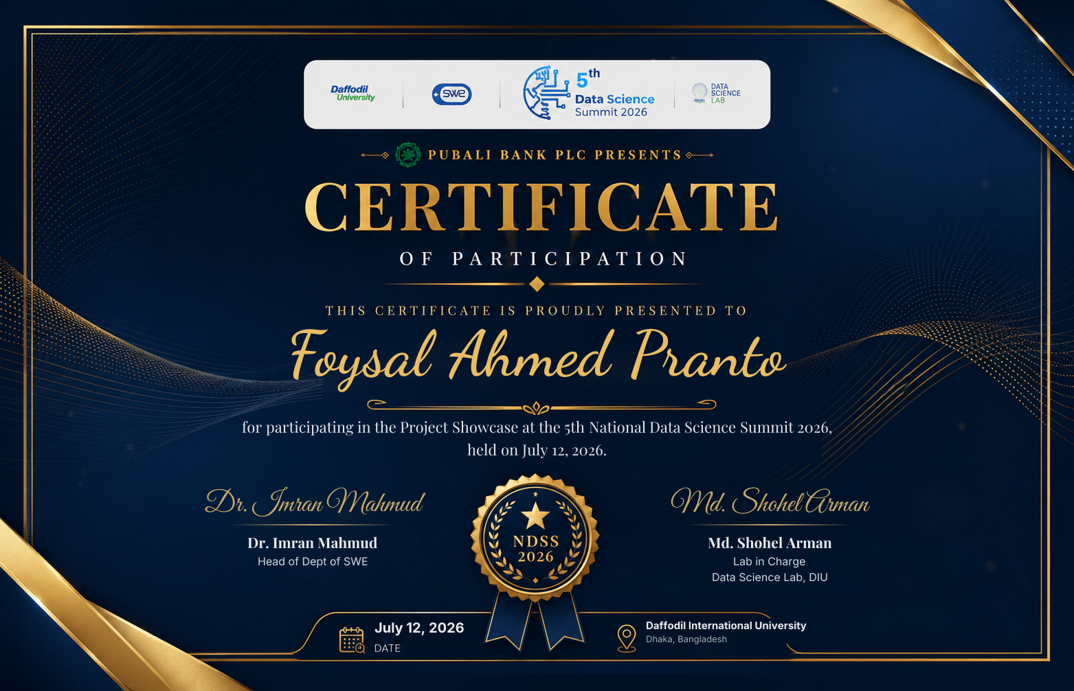 Certificate of Participation — 5th National Data Science Summit 2026