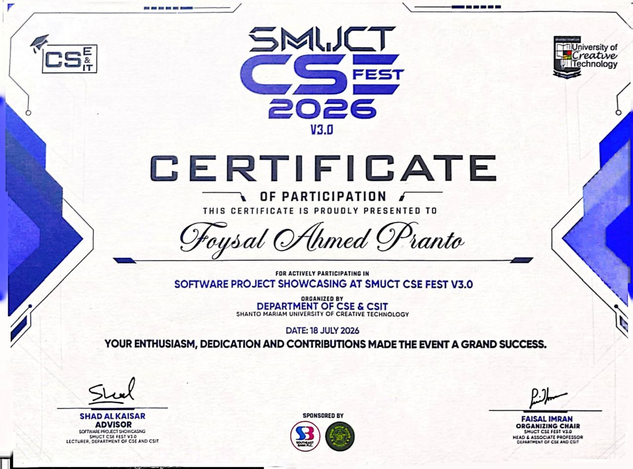 Certificate of Participation — Software Project Showcasing at SMUCT CSE Fest V3.0