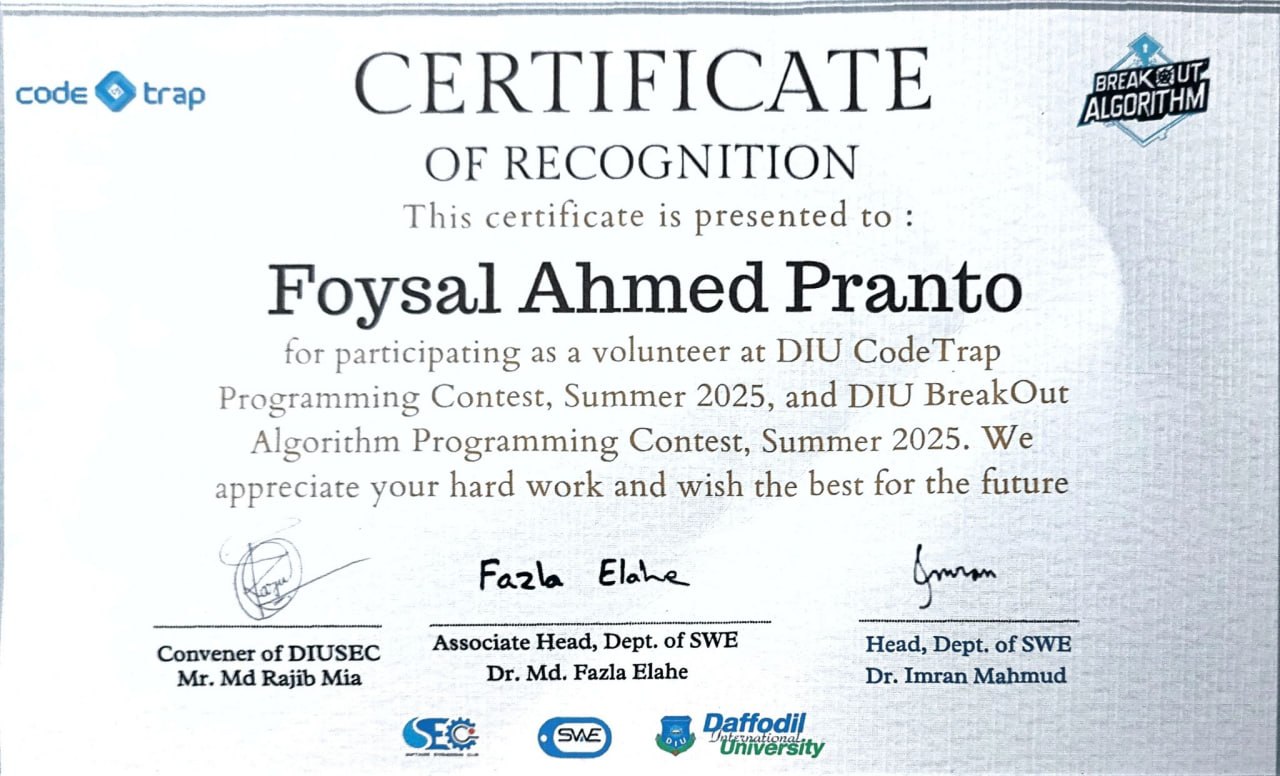 Volunteer Recognition — DIU CodeTrap & BreakOut Algorithm Contest